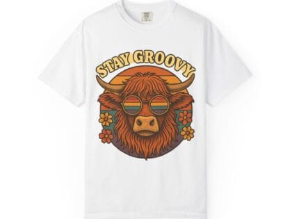 Stay Groovy Highland Cow T-Shirt — Retro 70s Sunglasses Graphic Tee