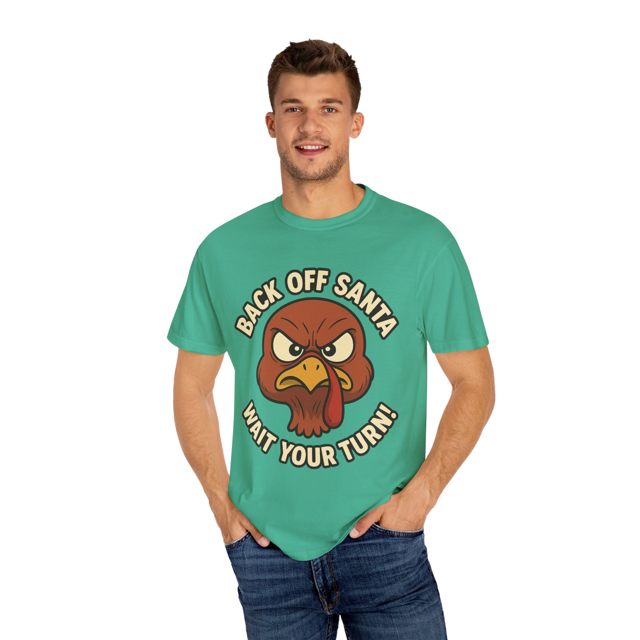 Grumpy Turkey Christmas T‑Shirt — “Back Off Santa, Wait Your Turn!” Holiday Tee - Image 28
