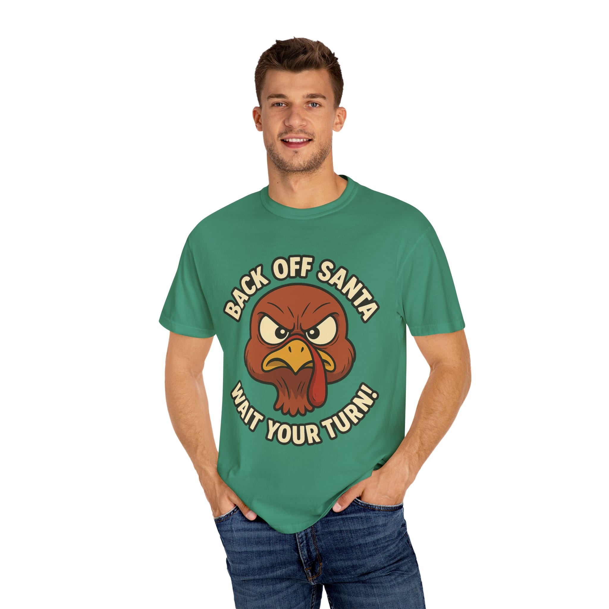 Grumpy Turkey Christmas T‑Shirt — “Back Off Santa, Wait Your Turn!” Holiday Tee - Image 24