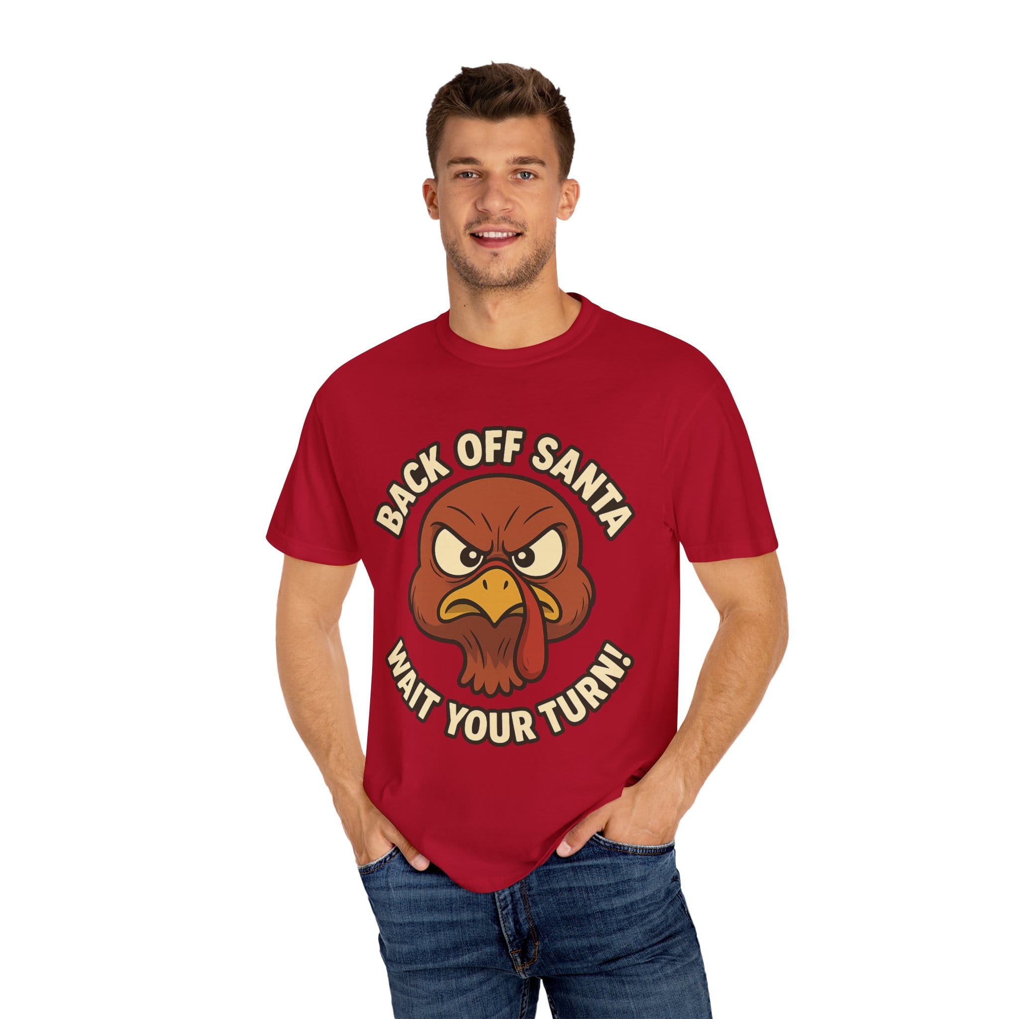 Grumpy Turkey Christmas T‑Shirt — “Back Off Santa, Wait Your Turn!” Holiday Tee - Image 56