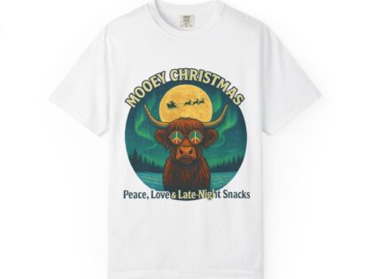 Christmas Highland Cow T-Shirt — "Mooey Christmas: Peace, Love & Late-Night Snacks"