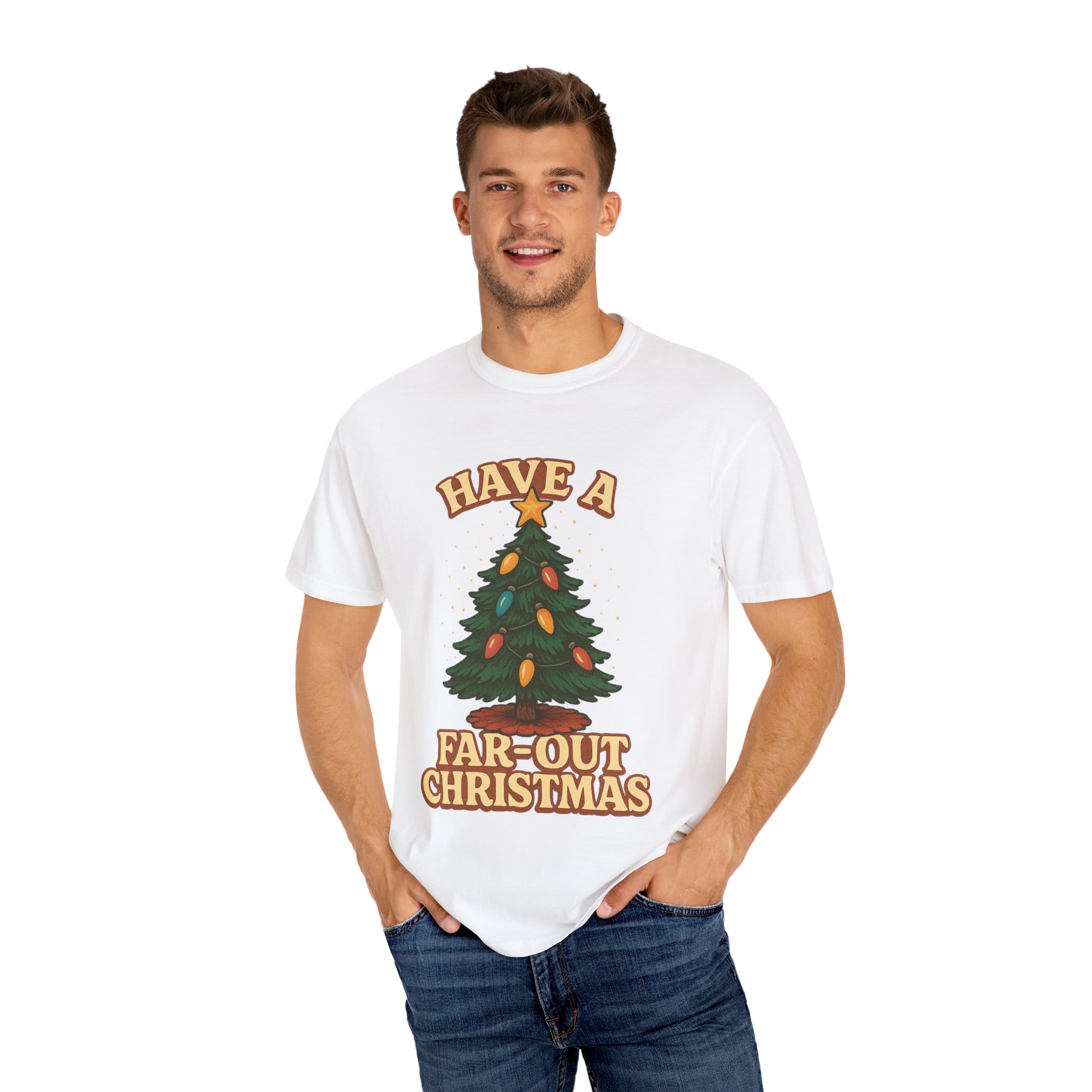 Retro 'Have a Far-Out Christmas' Holiday T-Shirt — Vintage Tree Christmas Tee - Image 4