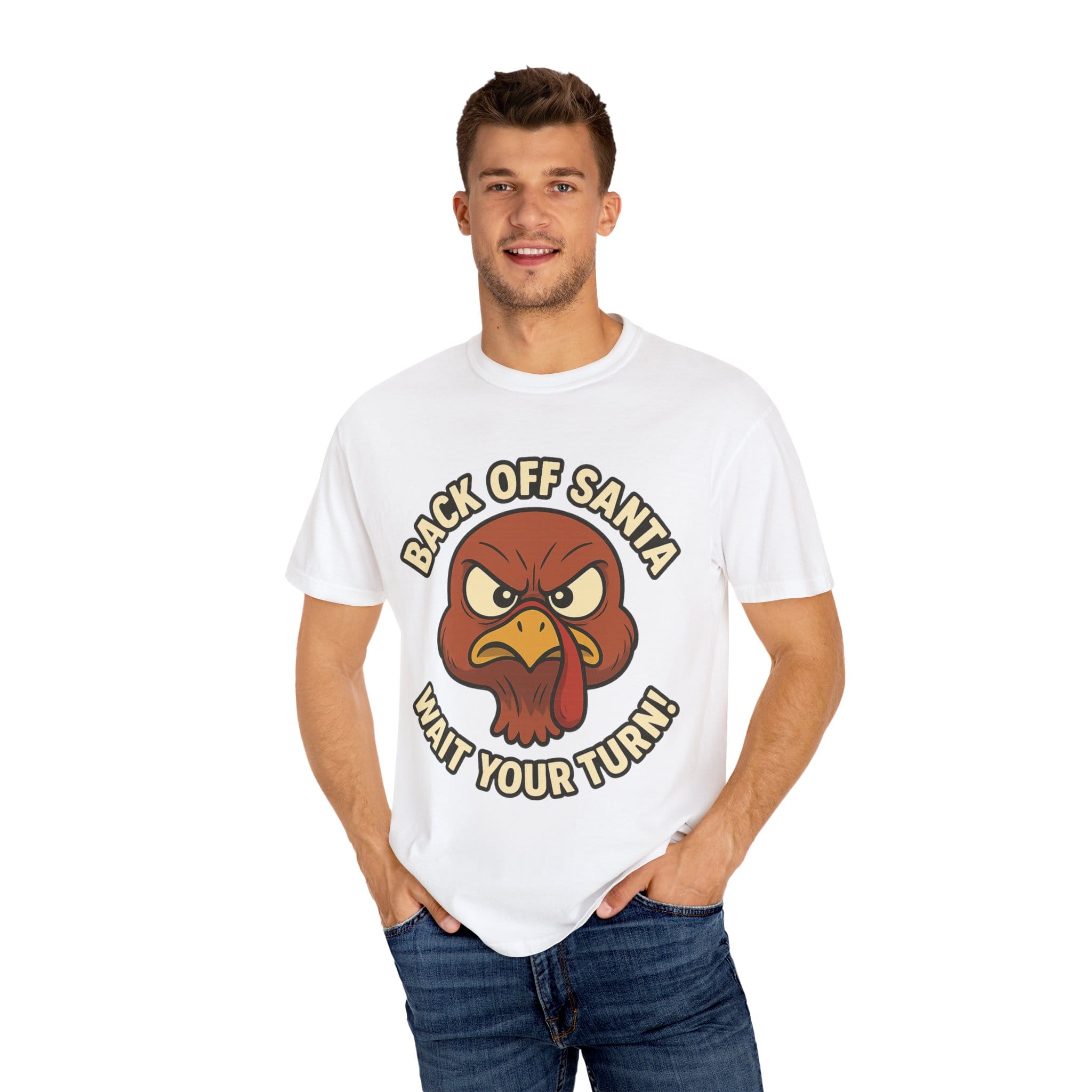 Grumpy Turkey Christmas T‑Shirt — “Back Off Santa, Wait Your Turn!” Holiday Tee - Image 4