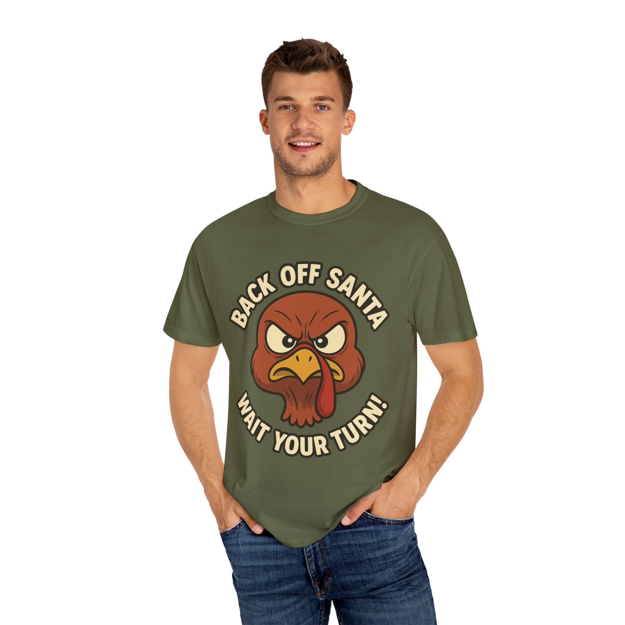 Grumpy Turkey Christmas T‑Shirt — “Back Off Santa, Wait Your Turn!” Holiday Tee - Image 20